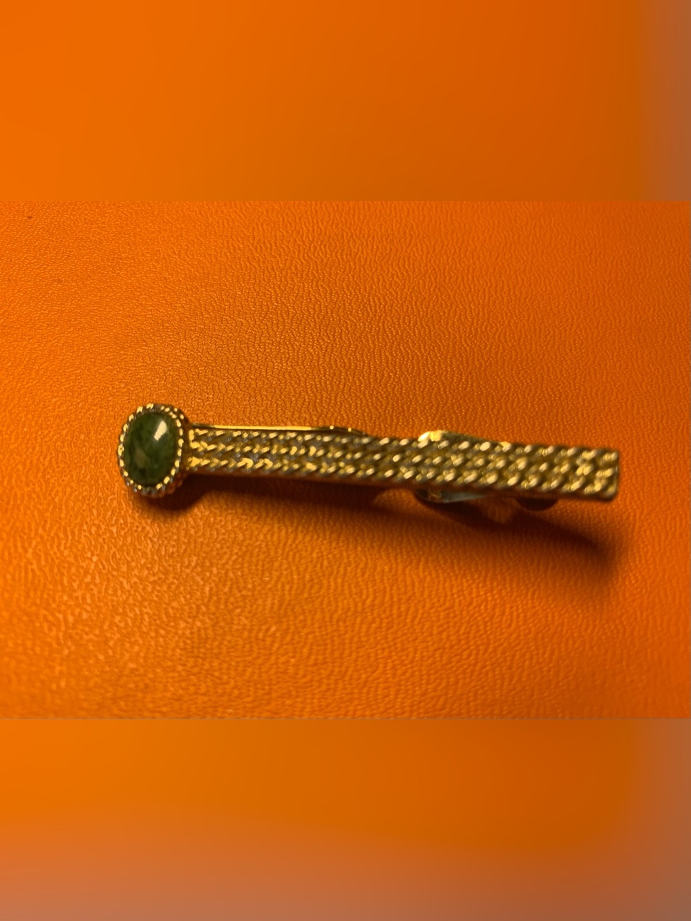 Vintage Gold 1945 Swank Braided TieClip stamped has makers mark & Green stone.